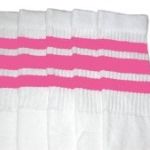Skater Socks Mid-Calf White Tube Socks, BubbleGum Pink Stripes