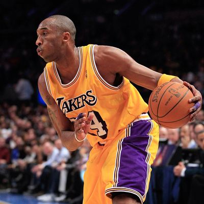 Kobe Bryant #24 of the Los Angeles Lakers dribbles the ball against the New York Knicks at Madison Square Garden on February 11, 2011.