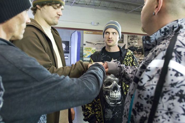 Skinny Pete, Badger, Jesse, andCombo in Breaking Bad.