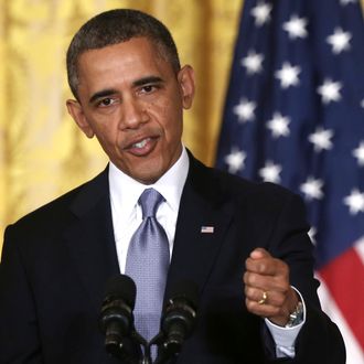 WASHINGTON, DC - MAY 13: U.S. President Barack Obama speaks during a joint news conference with British Prime Minister David Cameron in the East Room of the White House May 13, 2013 in Washington, DC. The two leaders discussed the prospect of an European Union-United States trade deal and the ongoing civil war in Syria. During his three-day visit to the United States, Cameron will also be briefed by the FBI about the Boston Marathon bombings and will travel to New York to take part in United Nations talks on new development goals. (Photo by Alex Wong/Getty Images)