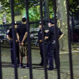 22 Aug 2013, Brownsville, Brooklyn, New York City, New York State, USA --- Brooklyn, United States. 22nd August 2013 -- Police officers from the 73rd Precinct arrest a young African American male in Betsy Head Park near Marcus Garvey Village in Brownsville, Brooklyn.