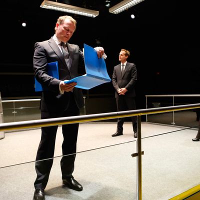 Sam Troughton, Neil Stuke, Adam James, and Eleanor Matsuura in BULL, part of Brits Off Broadway at 59E59 Theaters. Photo by Carol Rosegg