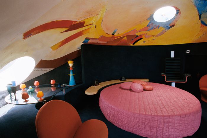 A painting by Jerome Tisserand adorns the rounded ceiling of one the rooms in French fashion designer Pierre Cardin's Bubble Palace.