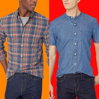 Three male models wearing button down shirts and dark wash jeans on orange, blood orange, and red backgrounds. From left, a long sleeve white collared shirt with faded blue stripes starting halfway down and a breast pocket, a white, blue, green, and orange plaid collared button down over a grey crew neck tshirt, and a blue denim collarless button-down with a breast pocket