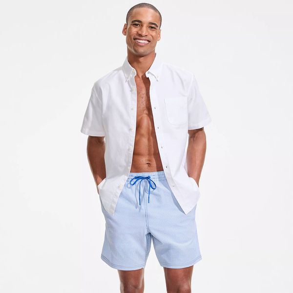 Lands’ End Mens 7-Inch Seersucker Volley with Hydroliner Swim Trunk