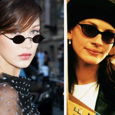 Bella Hadid and Julia Roberts, both wearing sunglasses — The Strategist reviews small-ish sunglasses for 2018.