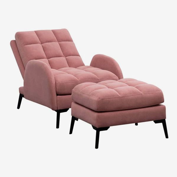  INMOZATA Pink Recliner Armchair High Back Velvet Reclining Chairs with Foot Stool Adjustable Single Recliner Sofa Bed with Footstool