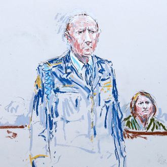 In this courtroom sketch, U.S. Army Staff Sgt. Robert Bales, left, stands in a military courtroom as his wife, Kari Bales, right, looks on, Wednesday, June 5, 2013, during a plea hearing at Joint Base Lewis McChord in Washington state. Robert Bales pleaded guilty to multiple counts of murder, stemming from a pre-dawn attack on two villages in Kandahar Province in Afghanistan in March, 2012. (AP Photo/Peter Millett) TV OUT