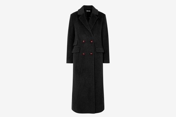 Ganni Mayer Double-Breasted Leather-Trimmed Wool Coat
