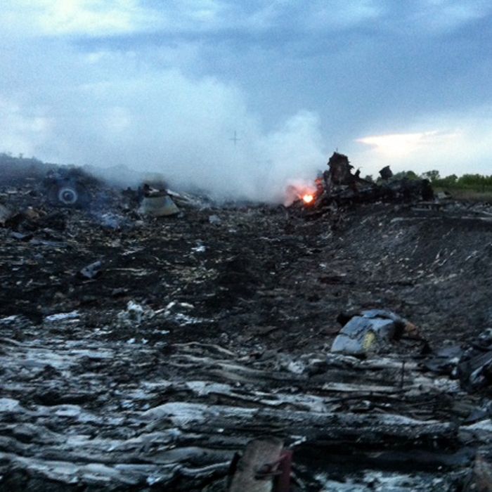 A picture taken on July 17, 2014 shows smoke and wreckage of the malaysian airliner carrying 295 people from Amsterdam to Kuala Lumpur after it crashed, in rebel-held east Ukraine. Pro-Russian rebels fighting central Kiev authorities claimed on Thursday that the Malaysian airline that crashed in Ukraine had been shot down by a Ukrainian jet.