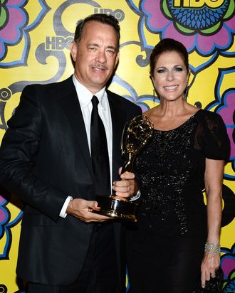  Actor Tom Hanks (L) and actress Rita Wilson arrive at HBO's Annual Emmy Awards Post Awards Reception at the Pacific Design Center on September 23, 2012 in West Hollywood, California.