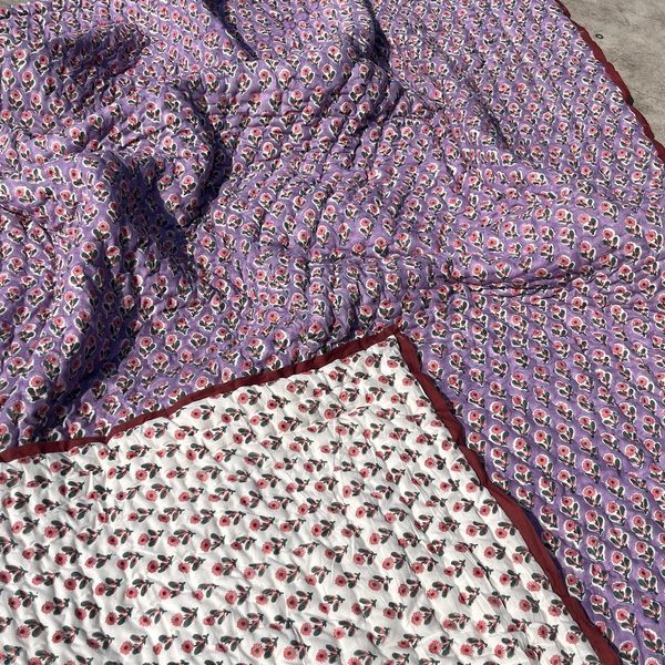 BlockOraHaus Handmade Purple Floral Block-Print Quilt