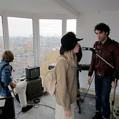 Rehearsing for a live rooftop session in Amsterdam.