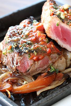 Dry-aged strip steak and Atlantic salmon.