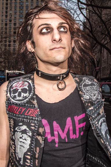 Illustrator and musician
“I’m really into Alice Cooper, and the eyeliner’s a thing I just kinda got into and it stuck. I actually have no idea how to put on makeup. The collar is my girlfriend’s, and my shirt says L.A.M.F., which stands for ‘Like a motherfucker.’ ”