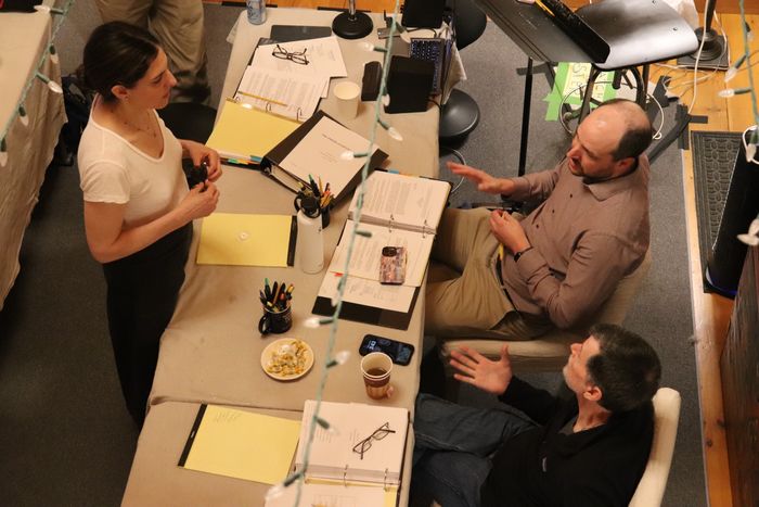 Burns (at lower right) and team at work on <em>The American Revolution.</em>