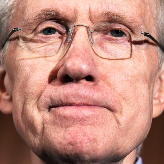 WASHINGTON, DC - APRIL 08: U.S. Senate Majority Leader Sen. Harry Reid (D-NV) pauses during a news briefing after a Democratic Caucus meeting April 8, 2011 on Capitol Hill in Washington, DC. More than half of Senate Democrats attended the news conference to show solidarity on the budget negotiations with the Republicans. (Photo by Alex Wong/Getty Images)