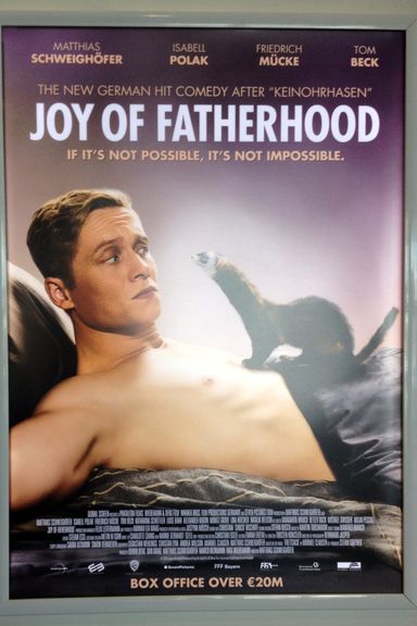 Drop everything. DID THIS MAN GIVE BIRTH TO A FERRET? What sort of premises are they dreaming up in Germany? Some internet sleuthing reveals that the actual plot is only a little bit less provocative than I'd thought/feared — it's about "a 30-something whose greatest desire is to finally settle down and start a family until an attack on his manhood by his flatmate’s ferret renders him unable to have children" — but at least it doesn't involve human/ferret sex-having, which was my alternate "let's hope not" takeaway from this poster.