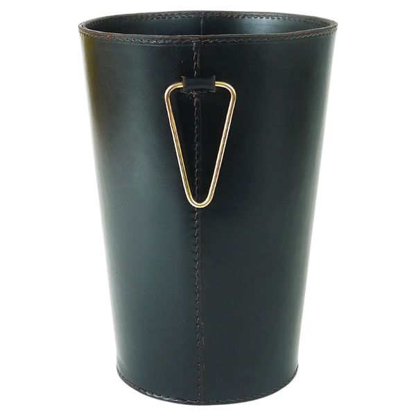 Carl Auböck Mid-Century Black Leather & Brass Wastepaper Basket