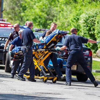 In this Saturday, May 31, 2014 photo, rescue workers take a stabbing victim to the ambulance in Waukesha, Wis. Prosecutors say two 12-year-old southeastern Wisconsin girls stabbed their 12-year-old friend nearly to death in the woods to please a mythological creature they learned about online. Both girls were charged as adults with first-degree attempted homicide Monday in Waukesha County Circuit Court. According to a criminal complaint, the girls had been planning to kill their friend for months and finally made the attempt in a park on Saturday morning, after a slumber party. 