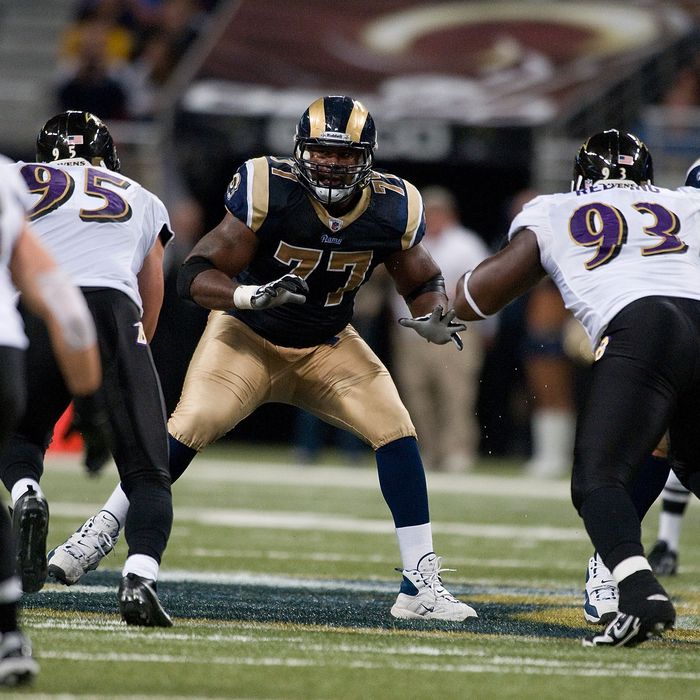 Jason Smith #77 of the St. Louis Rams defends against the Baltimore Ravens at the Edward Jones Dome on September 25, 2011 in St. Louis, Missouri. The Ravens defeated the Rams 37-7.
