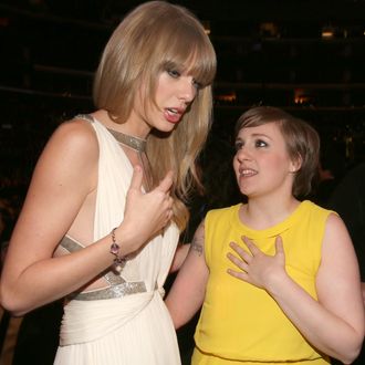 LOS ANGELES, CA - FEBRUARY 10: Singer Taylor Swift (L) and actress Lena Dunham attend the 55th Annual GRAMMY Awards at STAPLES Center on February 10, 2013 in Los Angeles, California. (Photo by Christopher Polk/Getty Images for NARAS)