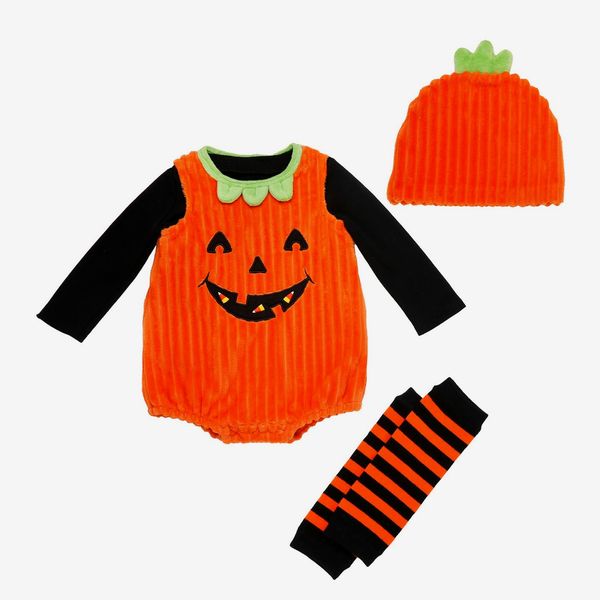 Baby Starters Halloween Pumpkin Romper, Hat & Striped Leg Warmers Set
