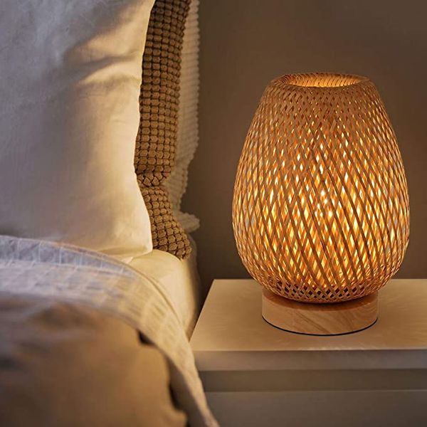 Bamboo Weaving Table Lamp with Handmade Natural Wooden Base