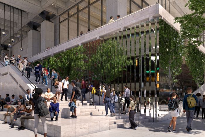 The travertine at the corner of the library will gain a stainless-steel cover.