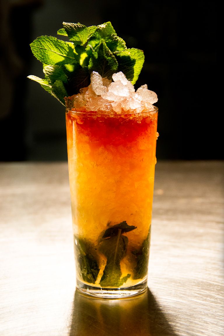 The Matador Swizzle is made with amontillado sherry and flavored with honey, ginger, and lemon.