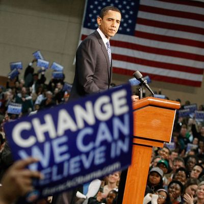 Presidential hopeful Sen. Barack Obama pauses while speaking during a 