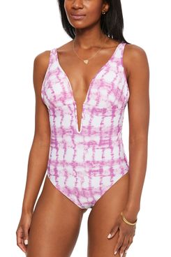 Bar III Summer Stripes Plunge One-Piece Swimsuit, Created for Macy's