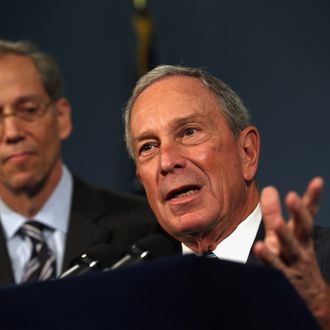 New York City Mayor Michael Bloomberg speaks to the media about the limiting of large size sugary drinks during a press conference at city hall on September 13, 2012 in New York City.