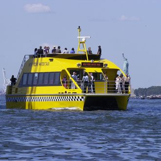 New York Water Taxi catamaran Mickey Murphy on a trial run past the Statue of Liberty.