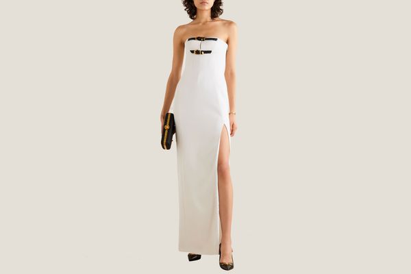 Versace Strapless Embellished Buckled Silk-Cady Gown