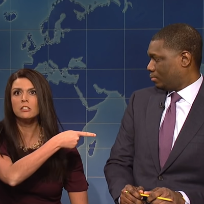 Colin Jost, Cecily Strong, and Michael Che.