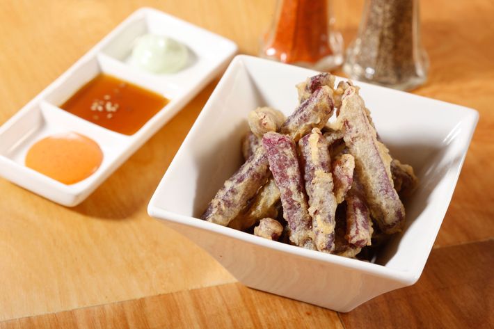 Sweet-potato tempura with a trio of dipping sauces.