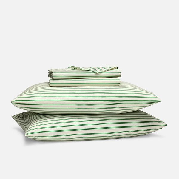 Brooklinen Classic Percale Core Sheet Set - Tandem Stripe in Grass, Queen