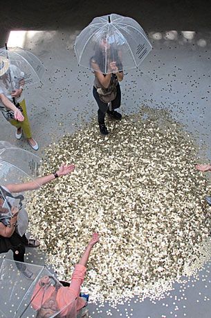 Only women are allowed to undergo the golden shower of fake coins raining down from the Russian pavilion’s rafters—an idiotic allusion to the myth of Danae being showered with Zeus’s, um, juices.
