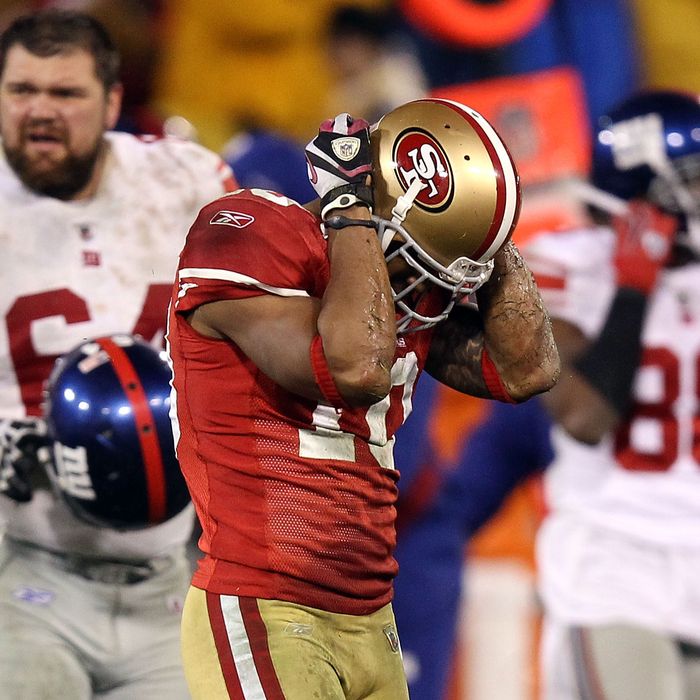 Kyle Williams #10 of the San Francisco 49ers reacts after he fumbled the ball on a punt return which the New York Giants recovered in overtime during the NFC Championship Game at Candlestick Park on January 22, 2012 in San Francisco, California.