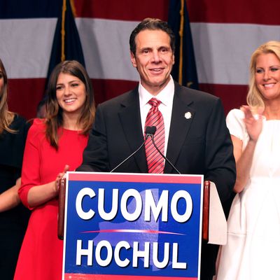 NEW YORK, NY - NOVEMBER 04: Gov. Andrew Cuomo, Sandra Lee and family on stage after Andrew Cuomo won re-election for a second term, at the Sheraton on November 4, 2014 in New York City. (Photo by Steve Sands/Getty Images)