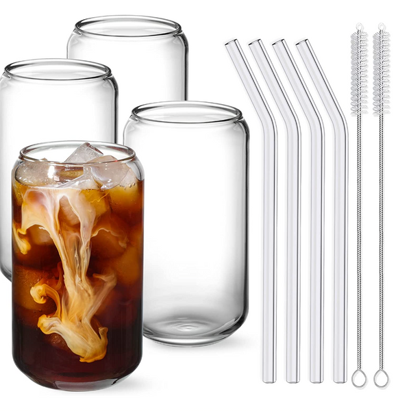 Drinking Glasses with Glass Straw 4pcs Set