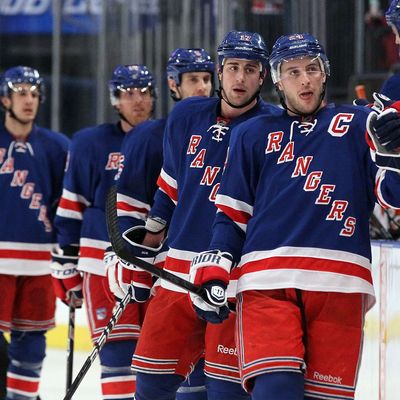 Ryan Callahan #24 of the New York Rangers celebrates his third period goal against the Philadelphia Flyers on December 23, 2011 at Madison Square Garden in New York City.