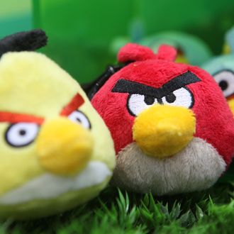 LONDON, ENGLAND - JANUARY 25: Angry Birds plush toys on display at the Toy Fair 2011 at Olympia Exhibition Centre on January 25, 2011 in London, England. (Photo by Tim Whitby/Getty Images)