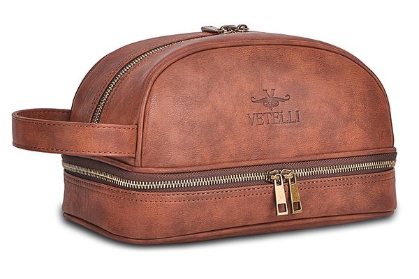 Vetelli Leather Toiletry Bag With Travel Bottles
