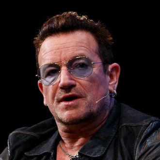 DUBLIN, IRELAND - NOVEMBER 06: Bono joins Dana Brunetti; Eric Wahlforss and David Cart in a discussion on the Web Summit Centre Stage at the 2014 Web Summit on November 6, 2014 in Dublin, Ireland. (Photo by Tristan Fewings/Getty Images)