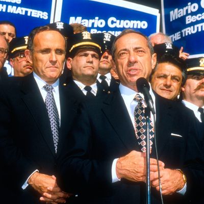 200942 04: FILE PHOTO New York City's Mayor Rudolph Giuliani, left, at a press confrence endorsing Mario Cuomo for Governor of New York October 25, 1994 in New York City. Giuliani recently announced that he has been diagnosed with prostate cancer. (Photo by Porter Gifford/Liaison)