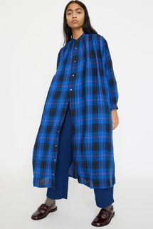 Ichi Antiquités Linen Tartan Dress in Blue