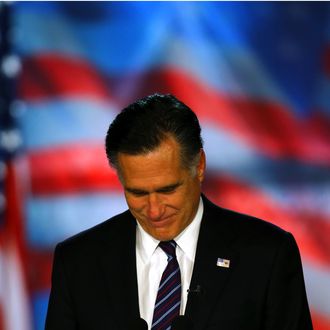 BOSTON, MA - NOVEMBER 07: Republican presidential candidate, Mitt Romney, speaks at the podium as he concedes the presidency during Mitt Romney's campaign election night event at the Boston Convention & Exhibition Center on November 7, 2012 in Boston, Massachusetts. After voters went to the polls in the heavily contested presidential race, networks projected incumbent U.S. President Barack Obama has won re-election against Republican candidate, former Massachusetts Gov. Mitt Romney. (Photo by Joe Raedle/Getty Images)