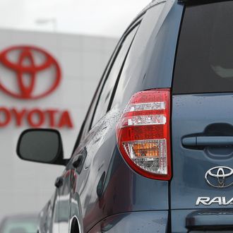 OAKLAND, CA - FEBRUARY 24: A Toyota RAV4 sits on the sales lot at a Toyota dealership on February 24, 2011 in Oakland, California. Toyota announced today that it will recall nearly 2.2 million vehicles that have floor mats that could interfere with their gas pedals. The list of cars to be recalled includes 761,000 2006-10 RAV4, 603,000 2003-09 4Runner models and 17,000 2008-11 Lexus LX 570 models. (Photo by Justin Sullivan/Getty Images)